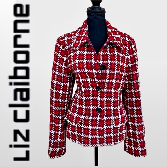 LIZ CLAIBORNE Wool Blend Houndstooth Peplum Maroon Orange Jacket (XL) - Picture 1 of 17